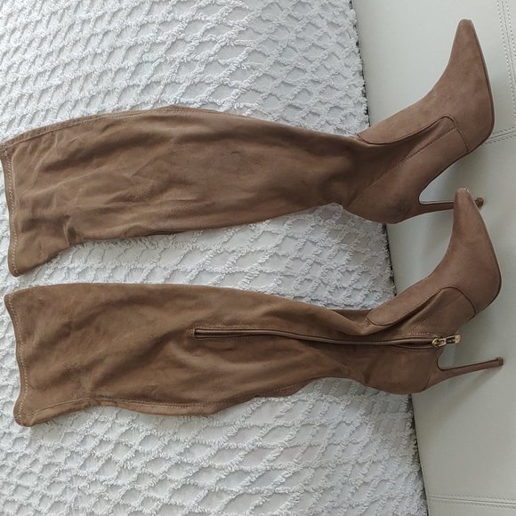 Over The Knee Tan Faux Suede Stiletto Heel Boots - Picture 9 of 9